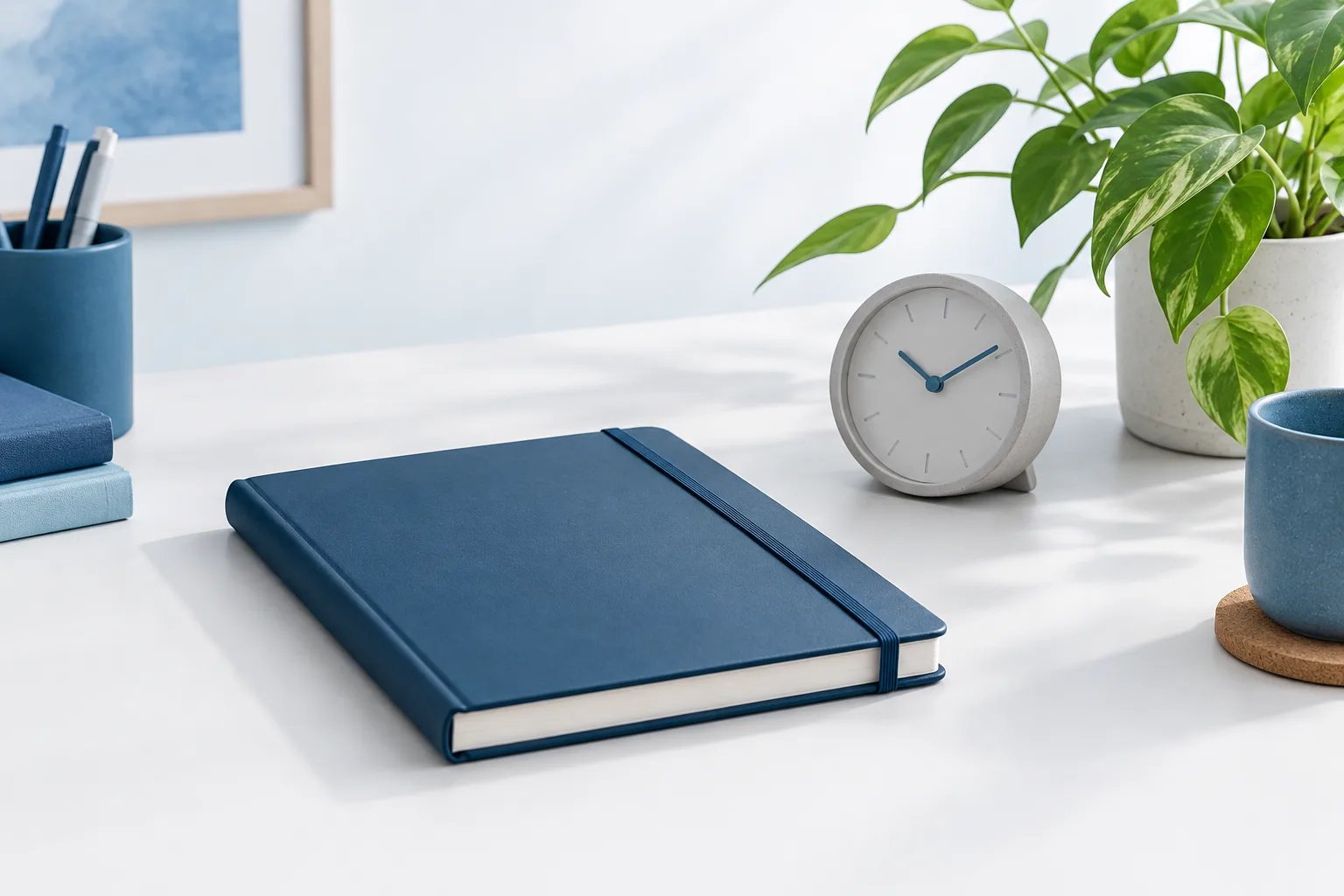 An unmarked planner and a small desk clock on a tidy workspace.
